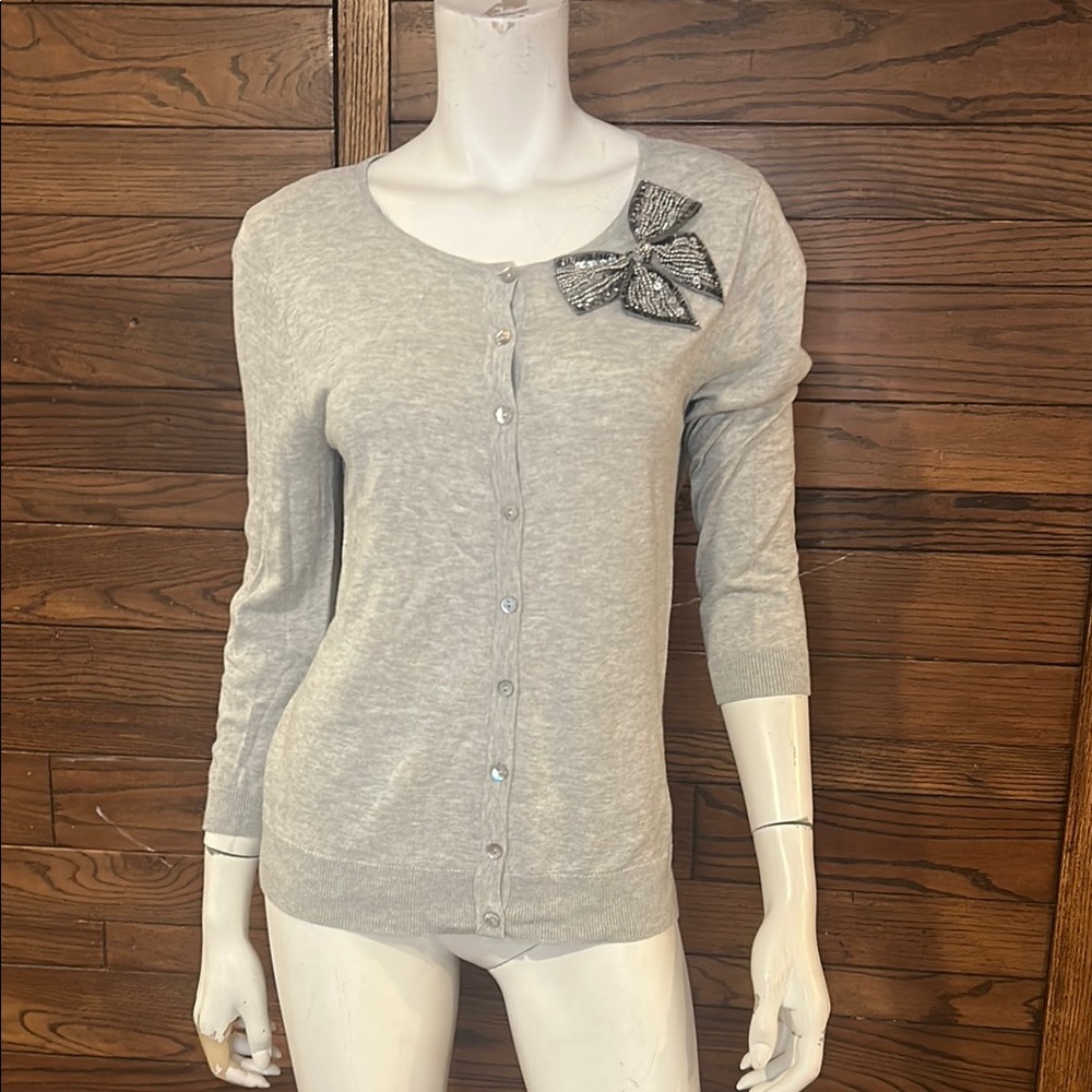 August Silk Light Gray Cardigan with Bow Accent